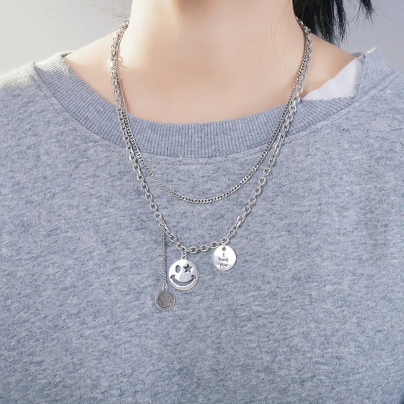 

Foxanry 925 Sterling Silver Sweater Necklace for Women Trend Punk Vintage Creative Double Layer Chain Smiley Party Jewelry Gifts