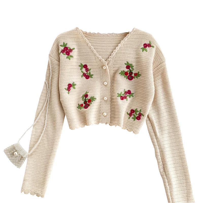 FTLZZ Women Floral Embroidery Short Coat Autumn V Neck Sweater Button Casual Jacket Female Cardigans Warm Knitted Thin Tops |