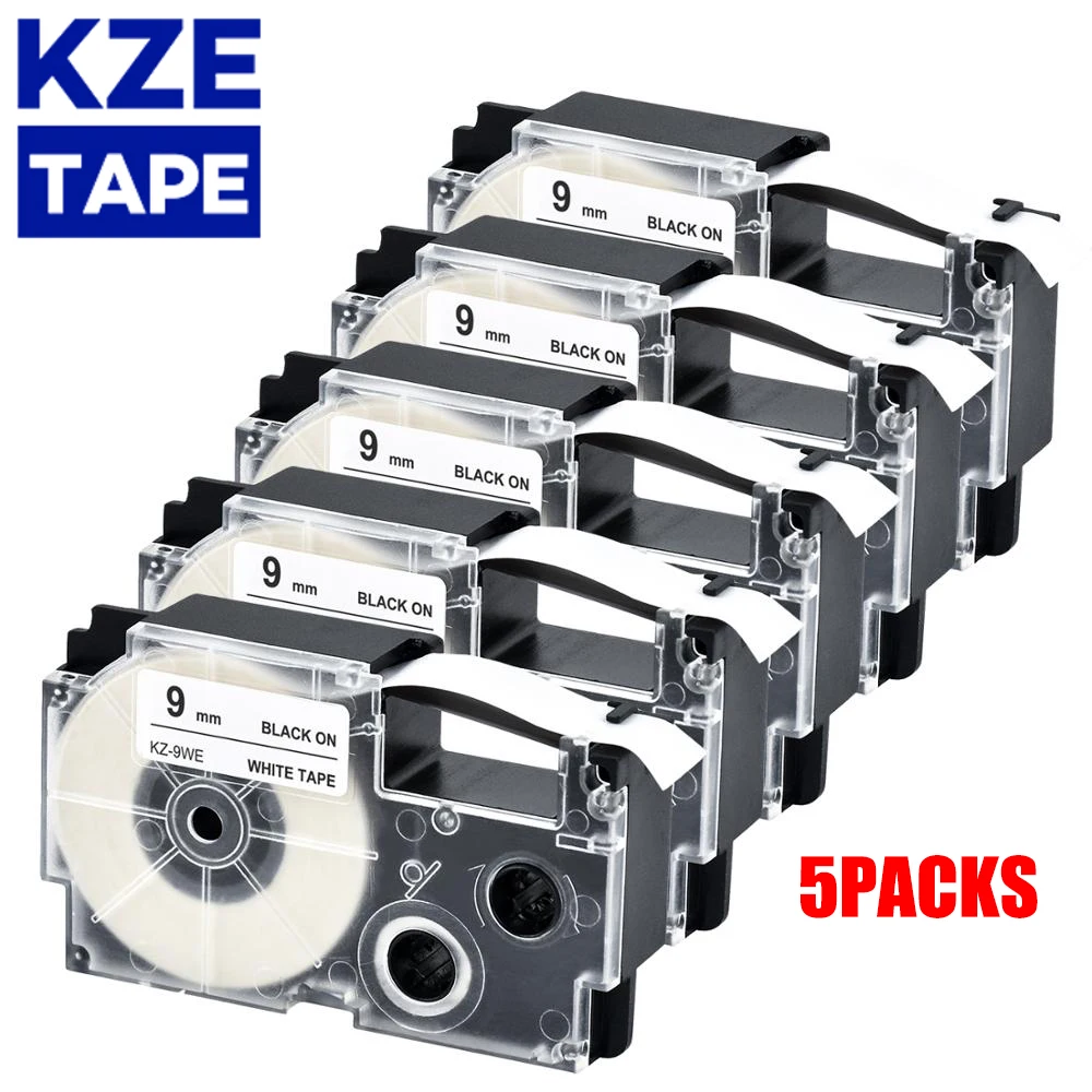 

5PACKS 9mm label ribbon tape Black on White XR9WE XR-9WE compatible CASIO typewriter printer KL-60 KL-60SR KL120 EZ Label Maker