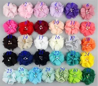 100pcslot2 rhinestone chiffon flowerspearl fabric flowers for baby girls diy accessories for headband apparal decoration