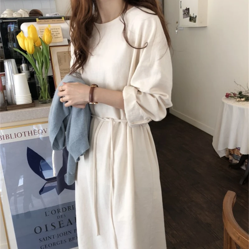 

Новинка 2021, женские весенние платья на осень, винтажные модные корейские элегантные женские длинные платья со шнуровкой и высокой талией