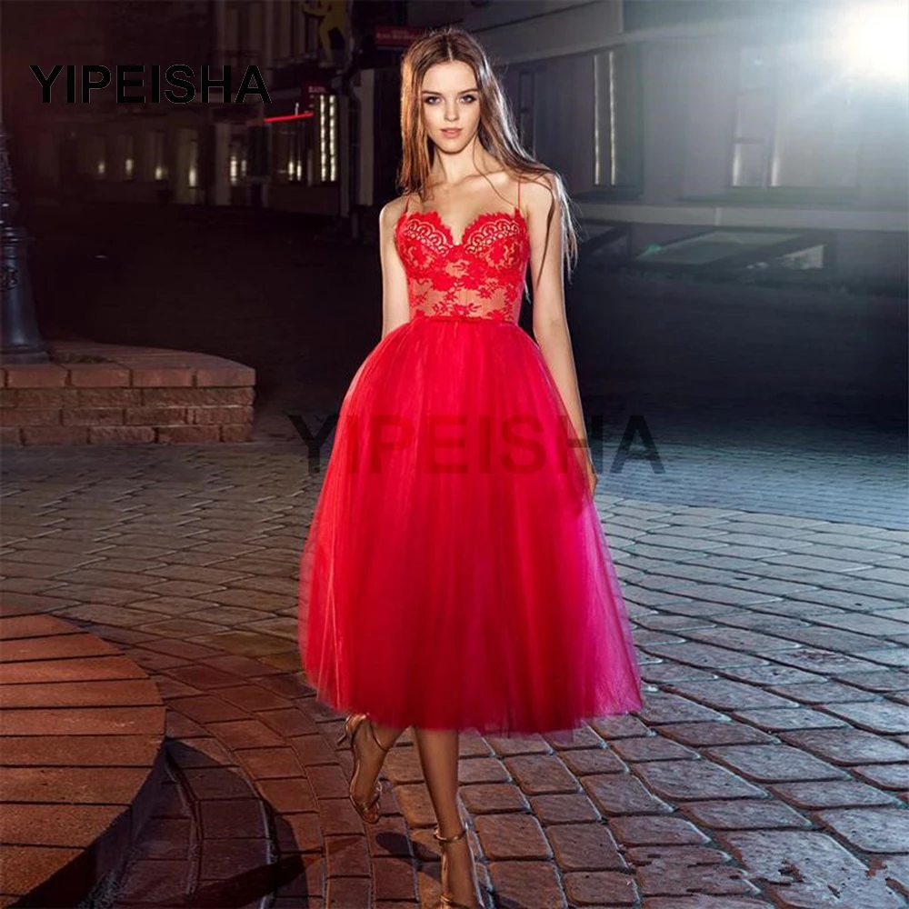 

Sexy Spaghetti Strap Tea-Length A-Line Evening Dress Lace Appliques Backless Tulle Prom Party Gown robe de soirée de mariage
