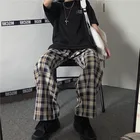 Женские клетчатые брюки с широкими штанинами, винтажные черные и Синие Клетчатые Брюки для женщин, джоггеры, Осенние студенческие спортивные брюки в стиле хип-хоп, новинка