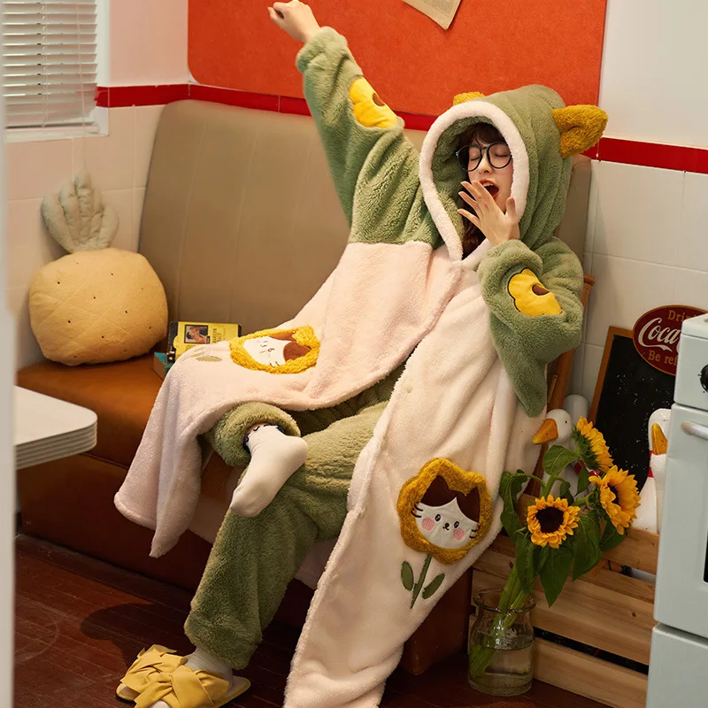 

Women Winter Coral Fleece Pajamas Set Sleepwear Thicken Warm Hooded 2pcs Nightwear Sleepwear Sweet Cute Cartoon Homewear Pyjamas