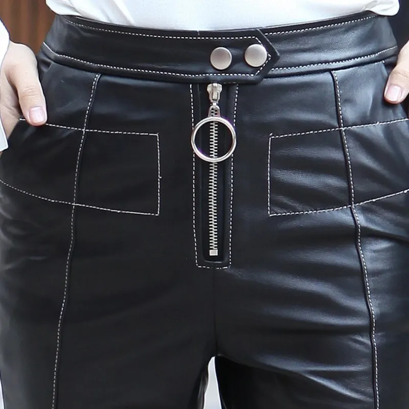 

2020 New Winter Womens Trousers Slim Fit Genuine Leather Ankle-Length Pants Female Black High Waist Flare Pants Plus Size S-3XL