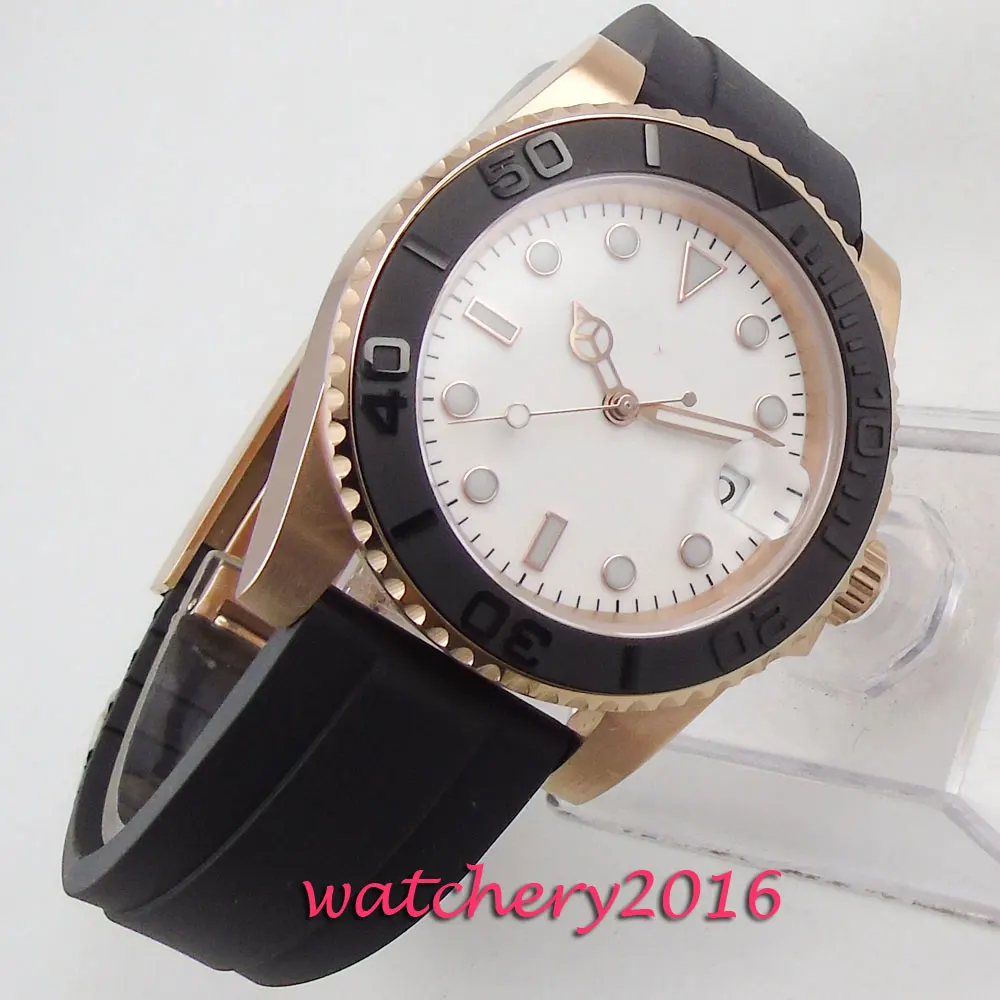 Часы наручные мужские с белым циферблатом 40 мм розовое золото сапфир | Наручные