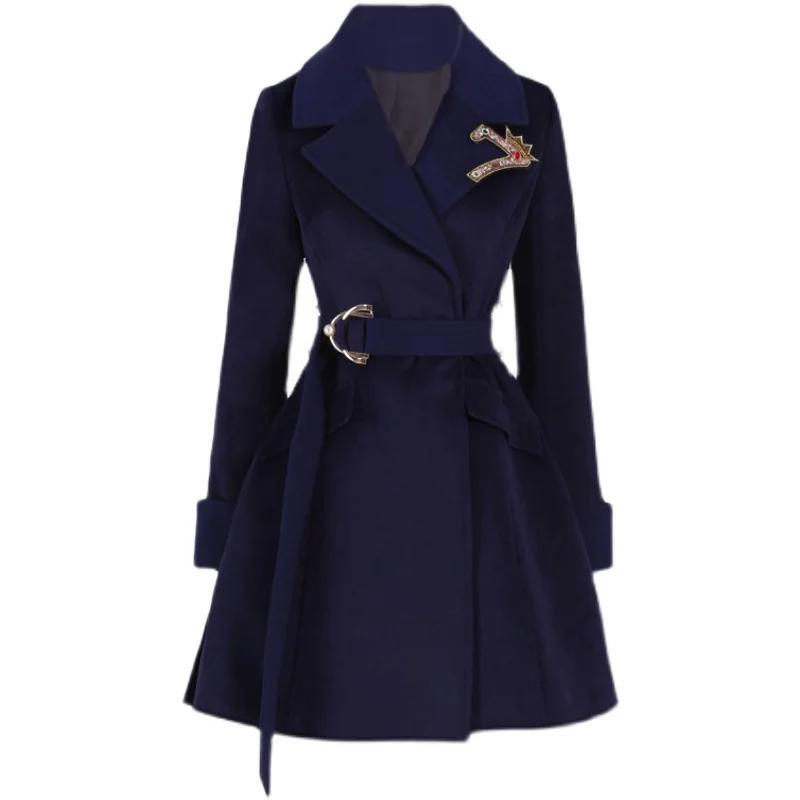 

Dark blue embroidered long-sleeved woolen coat coat women winter temperament slim belted wool outwear