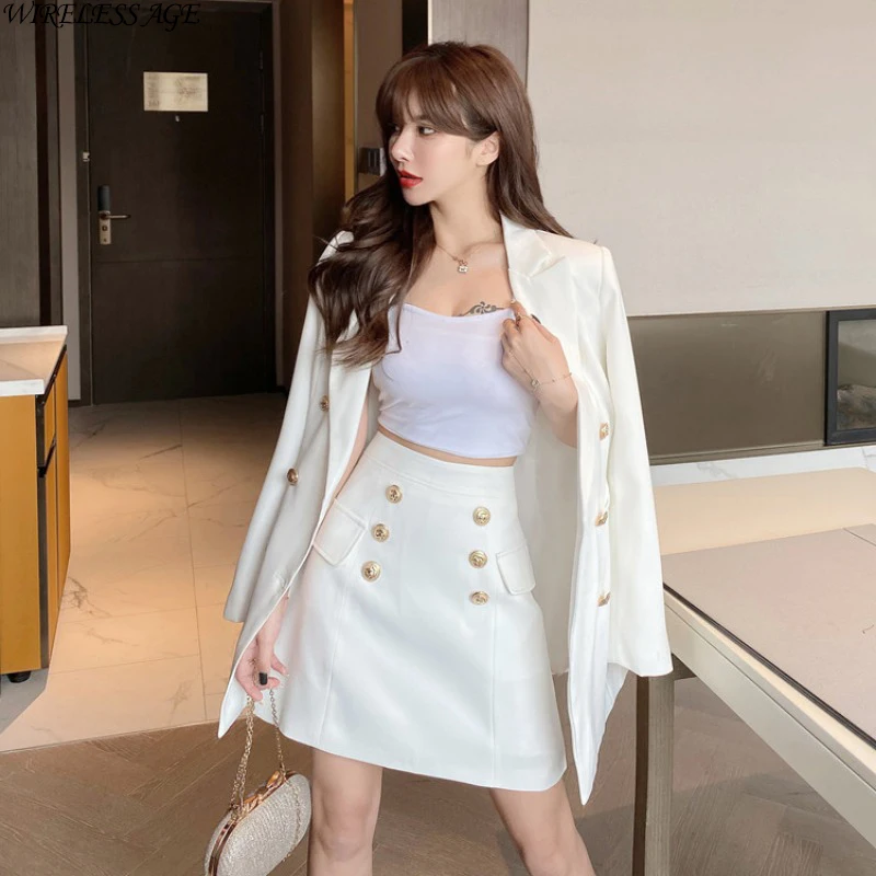 

WIRELESS AGE Suit Women Double Breasted Suit Long Sleeve Top Skirt Casual Clothes Elegant Lady Jacket Skirt 2021 New Fashion
