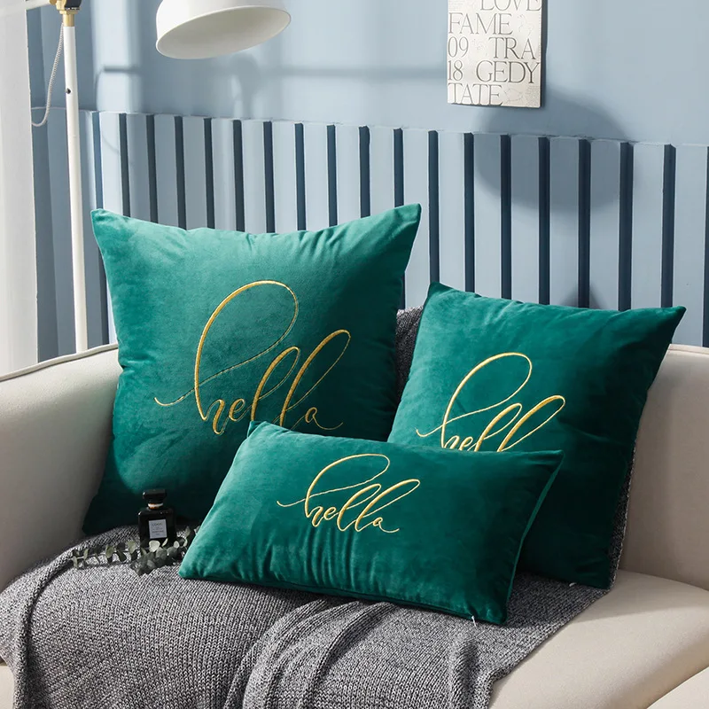 Green 45x45 см мягкий чехол мягкий бархат домашняя декоративная Подушка Крышка Привет вышивка/30x50 см/55x55 см синий зеленый красный серый фиолетовый - Цвет: Green