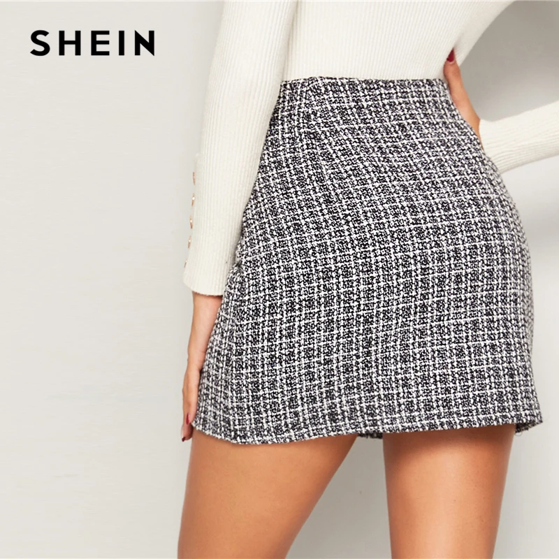 SHEIN черные и белые двубортные твидовые юбки женские осенне-зимние элегантные трапециевидные женские облегающие мини-юбки в клетку