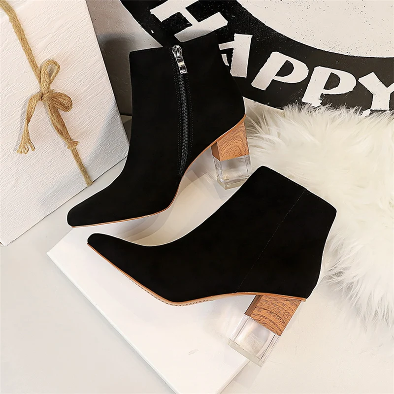 2019 новые зимние женские винтажные ботильоны из флока на высоком квадратном