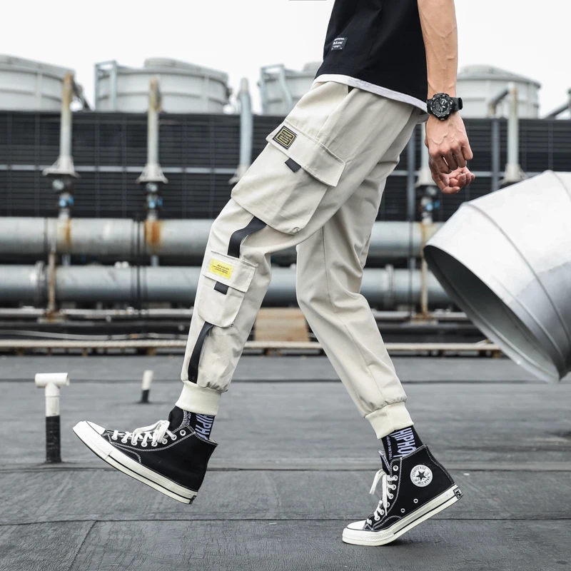 

2020 Spring Hip Hop Joggers Men Black Harem Pants Multi-pocket Ribbons Man Sweatpants Streetwear Casual Mens Pants