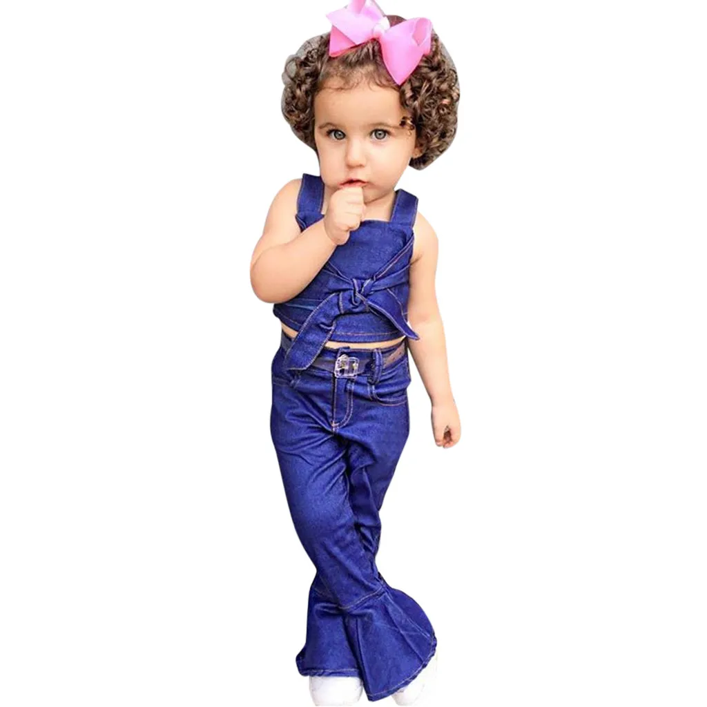 2019 новый комплект модной одежды для маленьких девочек джинсовая рубашка с бантом