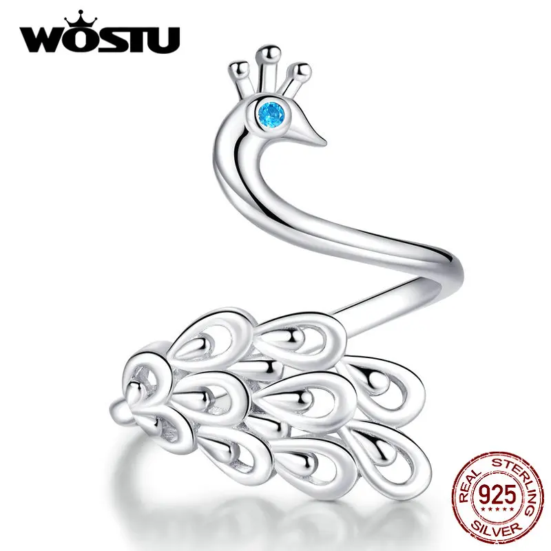 WOSTU, кольца для открытия павлина, 925 пробы, серебро, для женщин, регулируемые кольца, свадебные, настоящие, роскошные ювелирные изделия FIR592