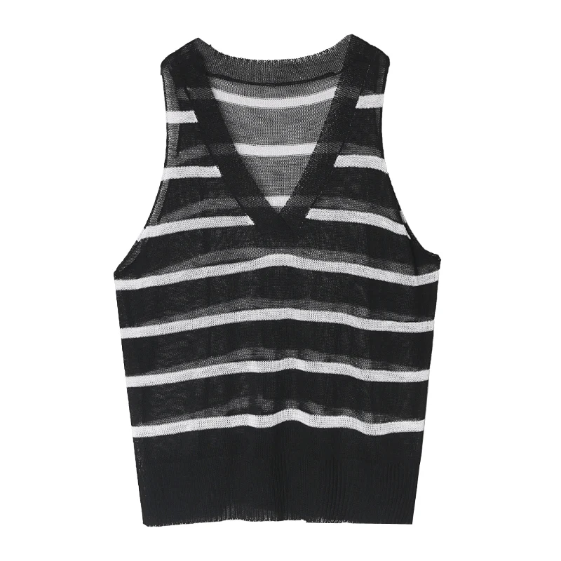 XUXI 2020 Vest Knitted Female Wear Summer Thin Loose Medium And Long Size Fat Mm Striped T-shirt Sleeveless V-neck Top FZ1564 | Женская