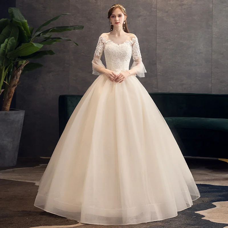

One Shoulder Main Wedding Dress 2021 New Korean Style Large Tail Long Sleeve Lace Neat Large Size Autumn And Winter Bride Light