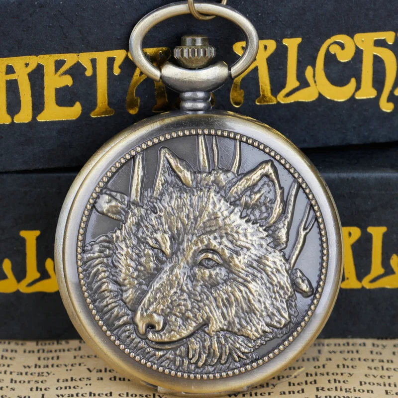 

Bronze Wolf Head Carved Quartz Pocket Watch Necklace Pendant Steampunk FOB Men Women Gift