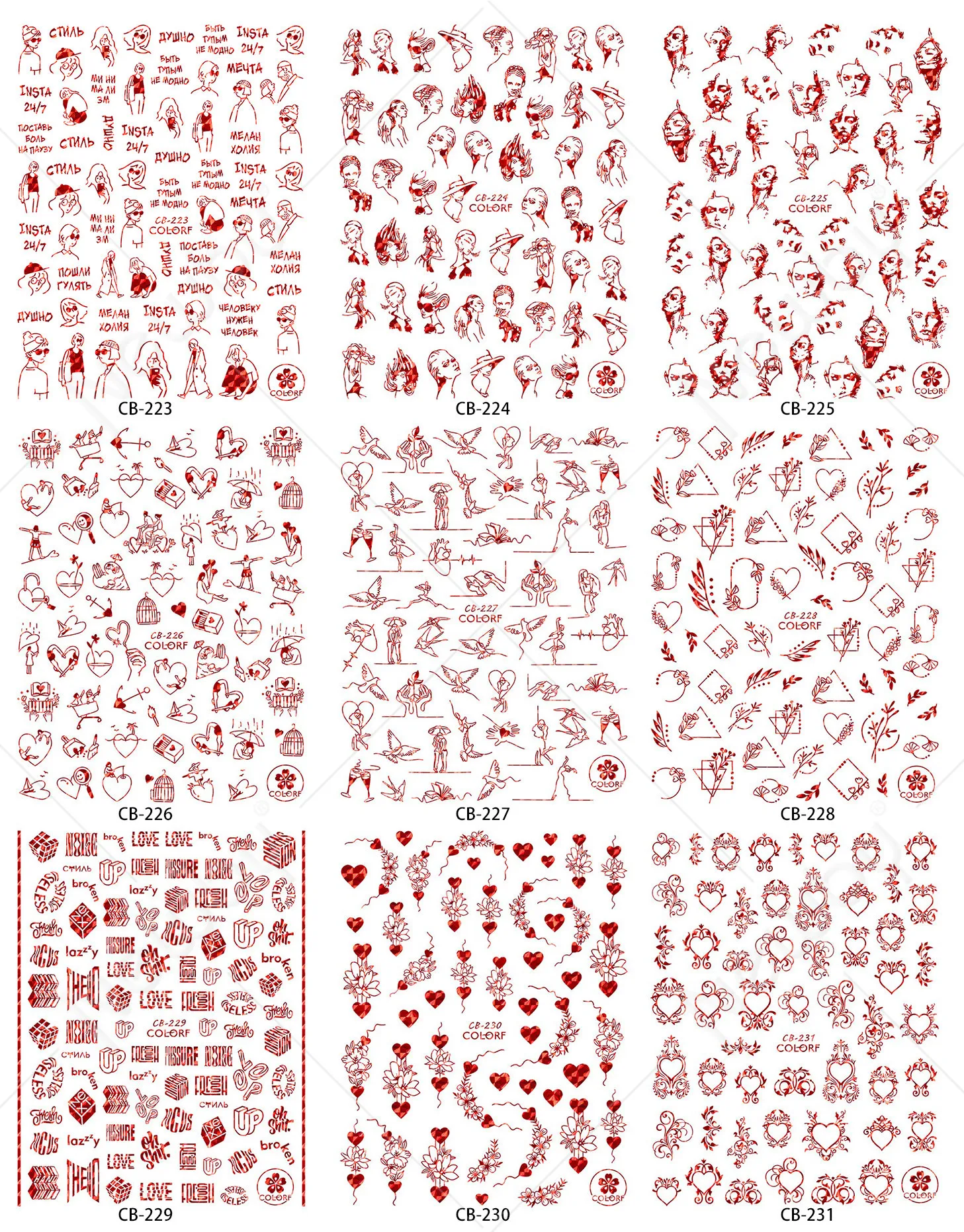 

1 Sheet Red 3D Water Nail Stickers Flower Heart Letter Valentine's Day Designs Sliders for Nail Decals DIY Manicure Decora