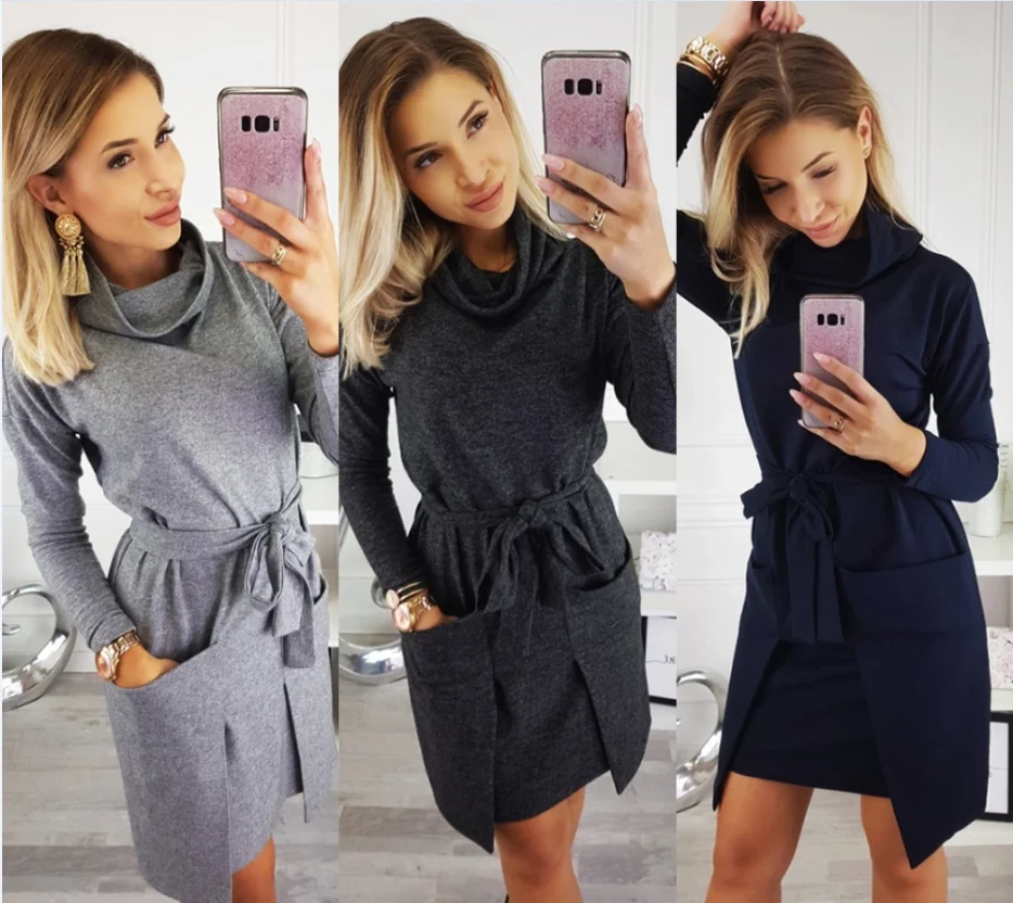 

Осеннее Сексуальное Женское платье с длинным рукавом и большим карманом, модное асимметричное платье с поясом высокого качества, женское п...