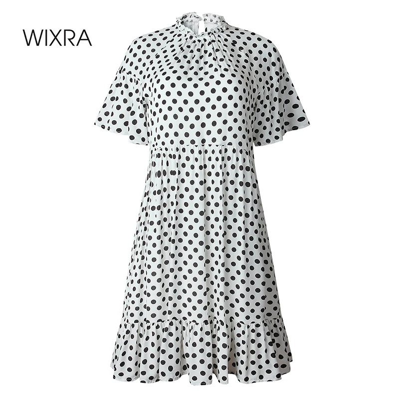 

Wixra Short Sleeve Dress Womens Clothing Ruffles Turtleneck Elegant Dot Print 2020 Summer