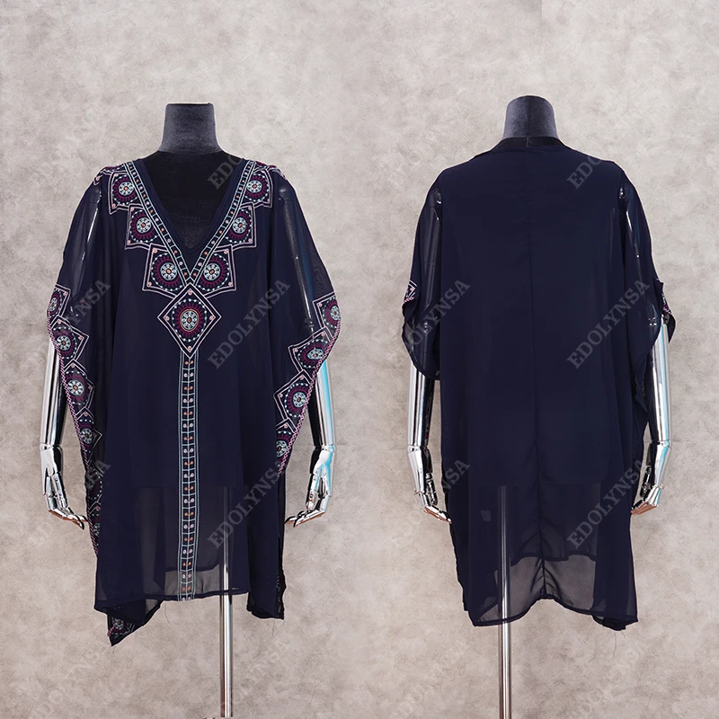 Женское шифоновое платье туника с вышивкой голубое пляжное свободного покроя