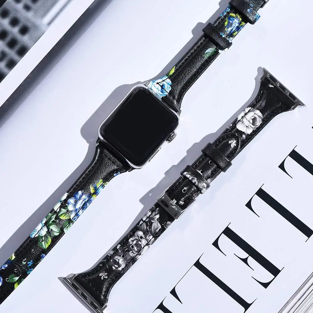 С цветочным узором ремешок для apple watch, ремешок 42 мм, 38 мм, ремешок для наручных часов iwatch, Версия 44 мм 40 мм Series 5/4/3/2/1 кожаный ремешок correa спортивный браслет