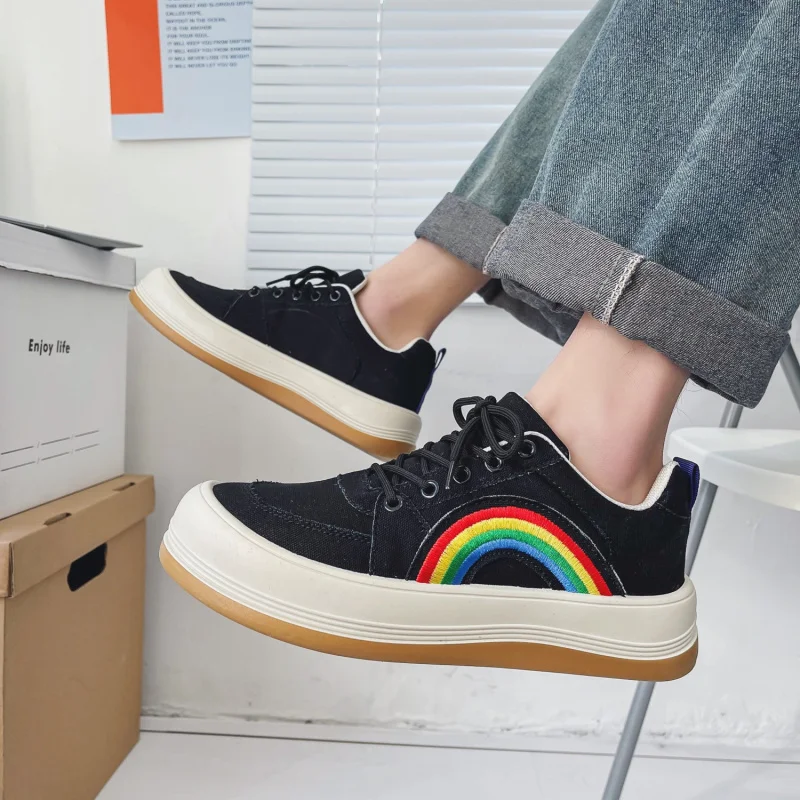 Japanese Rainbow Embroidery Canvas Sneakers Women Flats Platform Skateboard Shoes Men Comfortable Couple Black Canvas Sneakers