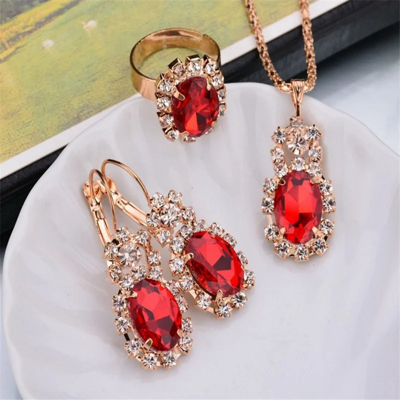 

Boho Three-Piece Suit Oval Crystal Diamond Gem Necklace Set for Women Girl Claw Chain Blue Red Purple Earrings Ring Jewelry Gift