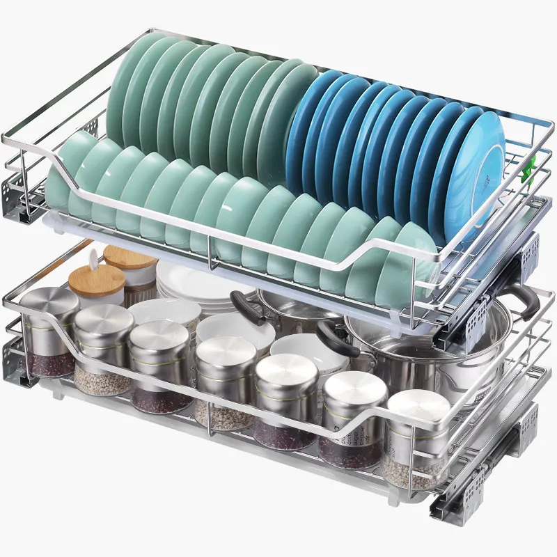 

Kitchen cabinet pull basket 304 stainless steel double buffer kitchen drawer dish rack seasoning