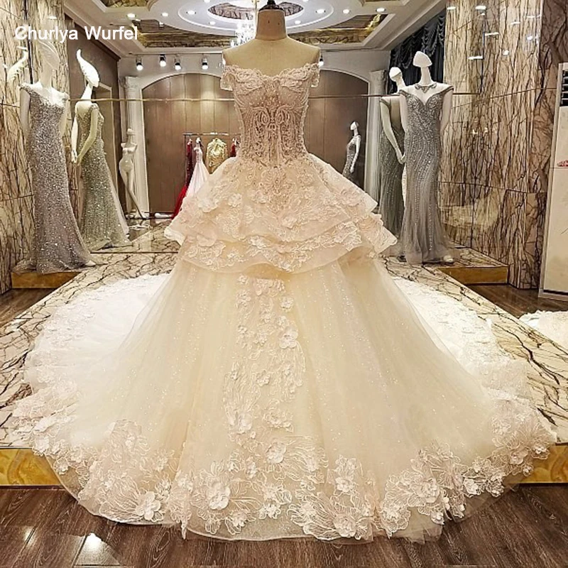 LS8543 Королевское свадебное платье бальное с объемными цветами кружевное Милое