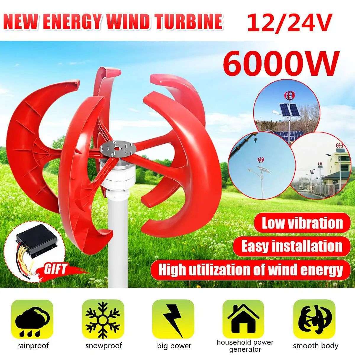 6000 Вт 5 лезвий вертикальный Axi фонарь ветрогенератор турбины 12 В 24 комплект