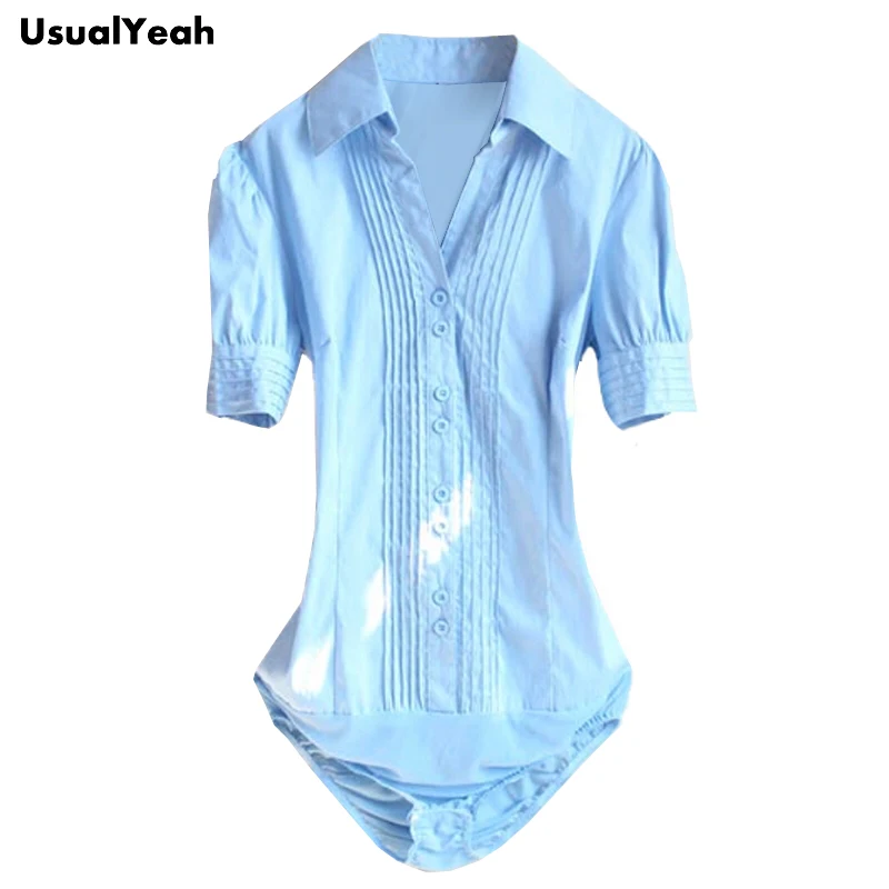 Short sleeve Blue В продаже! Новая Женская Офисная плиссированная рубашка с длинным рукавом и v-образным вырезом, Женская рабочая одежда, S-4XL, черный, белый, синий SY0091 - Цвет: Short sleeve Blue