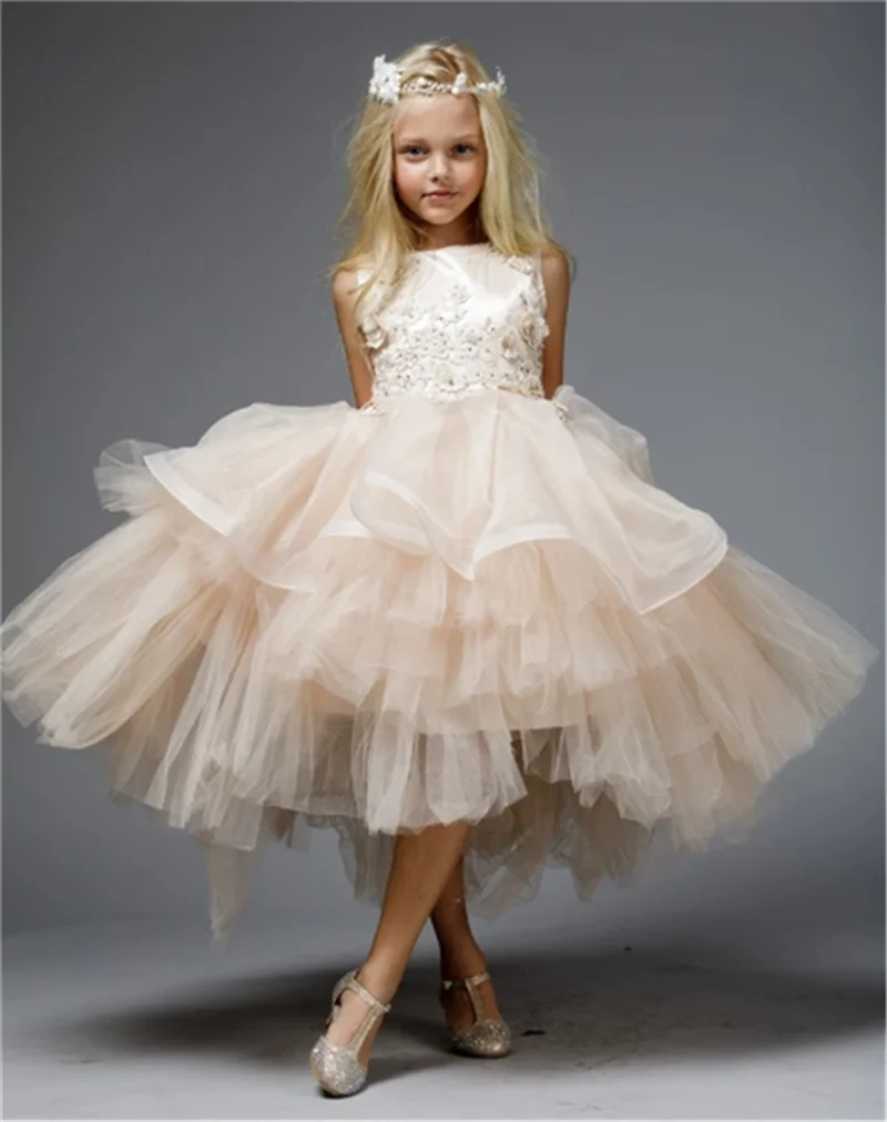 Champagne Multi-Tiered Tulle Flower Girl Dress Princess Tea Length Pageant Gown Party Birthday Dresses with Ribbon 1-14Y