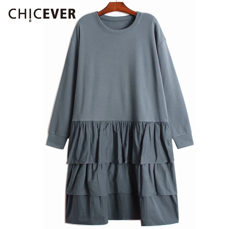 

CHICEVER Casual Ruffle Trim Dress For Women Round Collar Long Sleeve Fold Pleated Solid Dresses Female Clothing 2021 New Autumn
