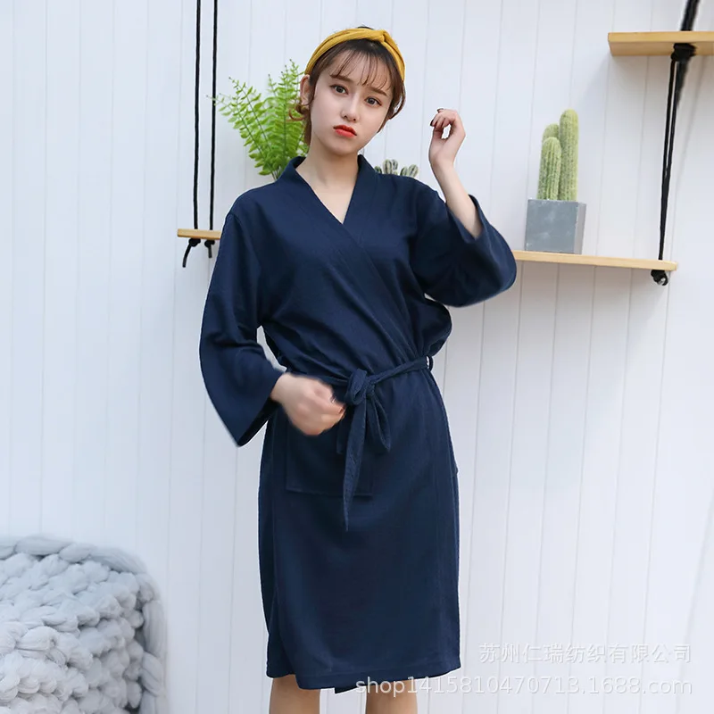 dark blue Женское ночное белье кимоно халат Soild зима осень Повседневный хлопковый банный халат с поясом элегантный халат для спа - Цвет: dark blue
