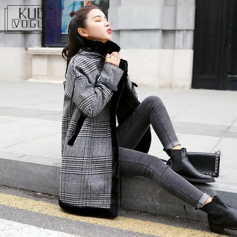 Женское клетчатое пальто из искусственной овечьей шерсти Повседневная зимняя