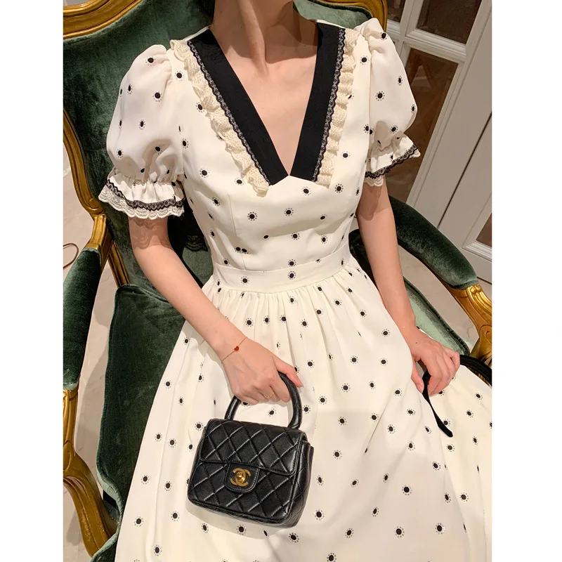 Женское платье в горошек с v-образным вырезом элегантное тонкое стиле ретро во