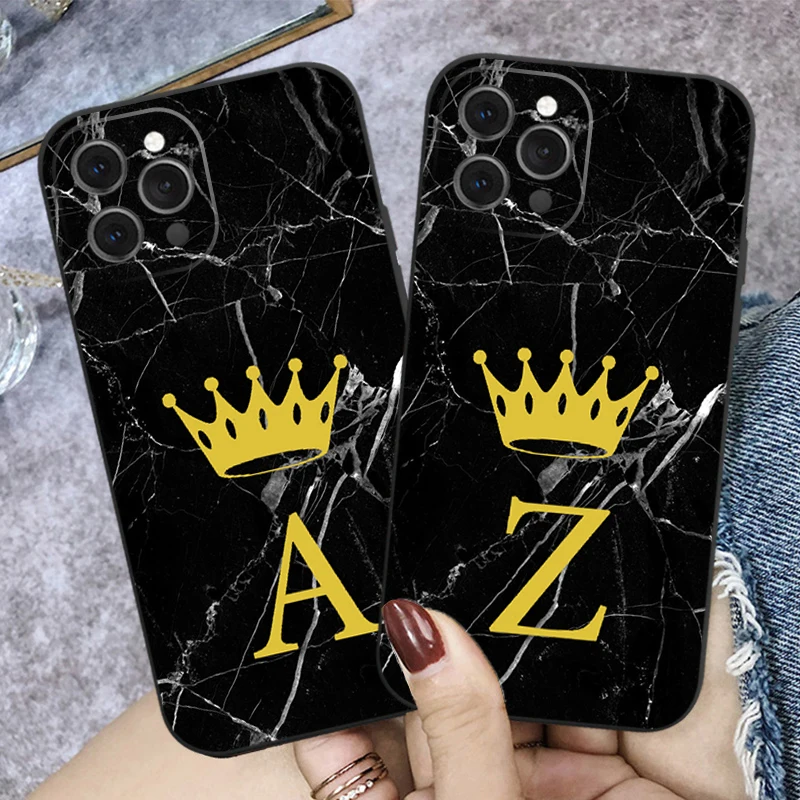 

Initial Letter A Z Crown Phone Case For New iPhone 13 12 Mini 12 13 Pro Max 6.7 6.1 inches Marble Texture Couples Soft TPU Cover