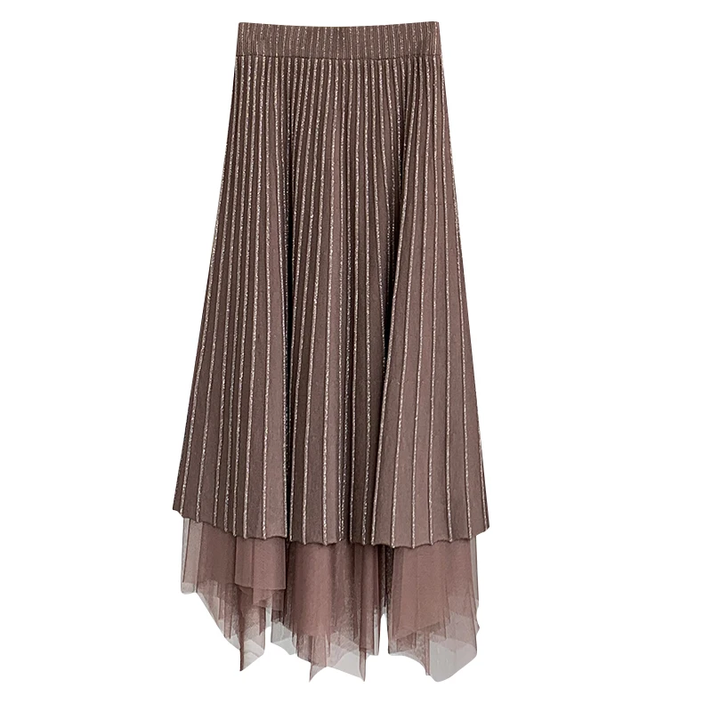 

Knitting High Waist Mesh Skirt Autumn A-line Pleated Korean Elegant Tulle Skirts Mid-Calf Casual Female Vintage Long Skirt
