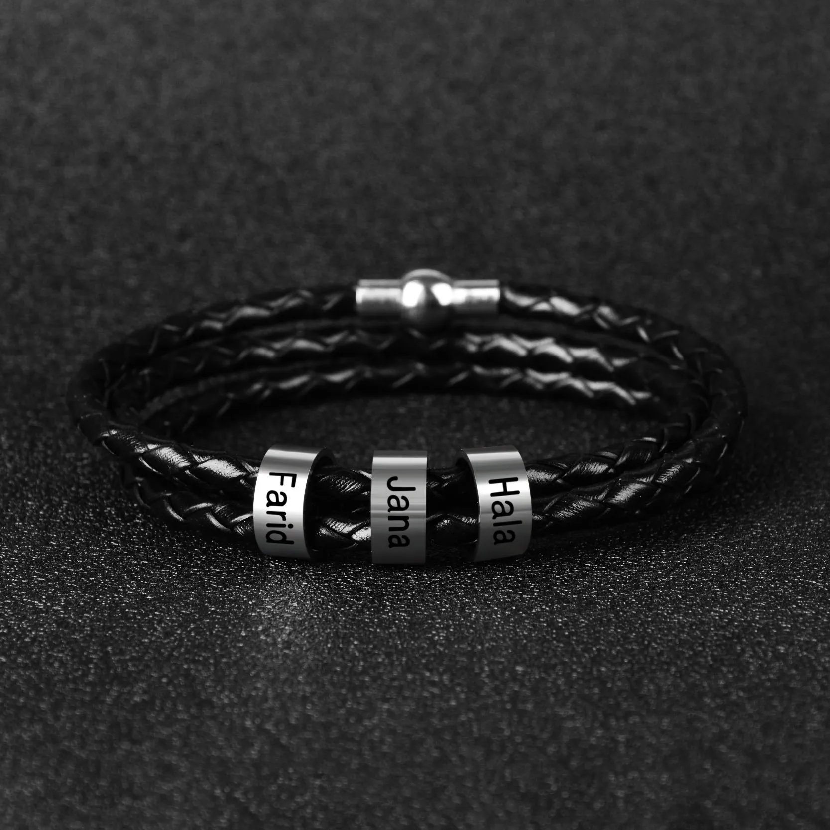Custom Genuine Leather Mens Bracelets Personalized Laser Engraving Family Children Names 3 Layer Bracelet Father's Day Gift