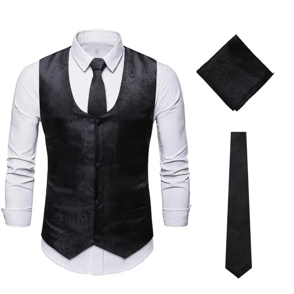 

Mens Black Paisley Floral Jacquard Waistcoat Necktie and Pocket Square Vest Suit Set Party Wedding Tuxedo Vest Men Stage Costume