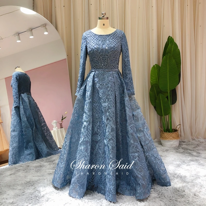 

Luxury Lace Blue Muslim Evening Dress Long Sleeves Emerald Green Dubai Arabic Formal Dresses Women Wedding Party Gowns Plus Size