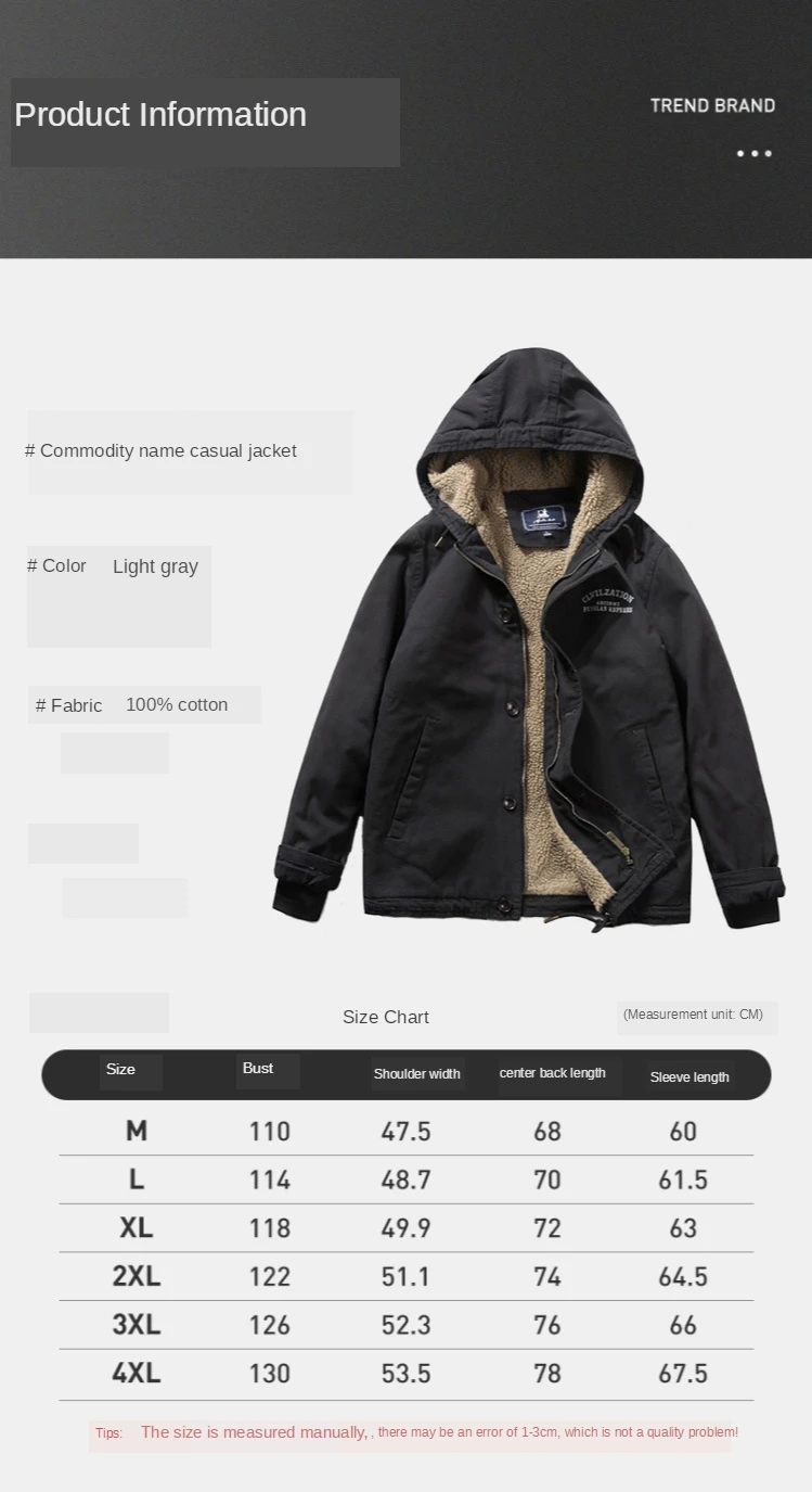 

2020 Men's Cotton Jacket Hooded Washed and Fleece Workwear Cotton Jacket Lamb Velvet Jacket
