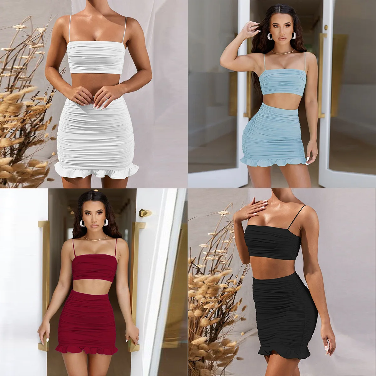 

Spaghetti Strap Mini Short Skirt Women New Summer Sexy Cross Bandage Bodycon Two-piece Suit Pleated Stretch Short Bag Hip Skirt