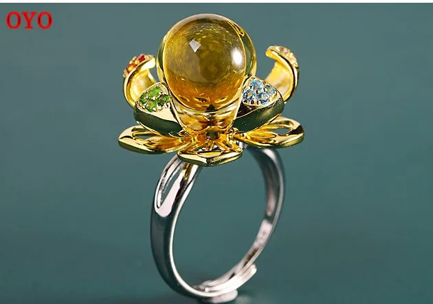 S925 silver jewelry fashion exaggerated hand ornament open female Mexican blue amber ring turning petals