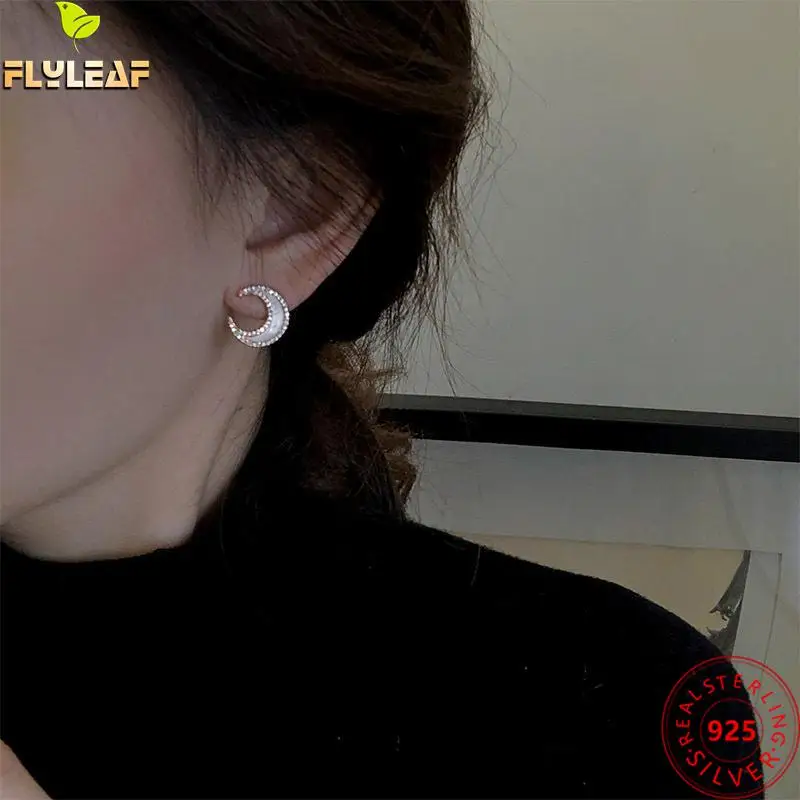 

Natural Shell Crescent Moon 100% 925 Sterling Silver Stud Earrings For Women Zircon Fine Jewelry Femme Earings Fashion Jewelry