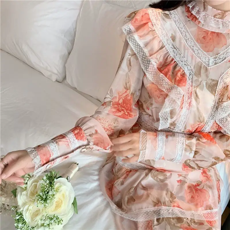 

2021 Spring/Autumn Dress New Elegant Fashionable Turtleneck Ruffled Slimming Cake Dress Palace Style Printed Lace Fairy Dress