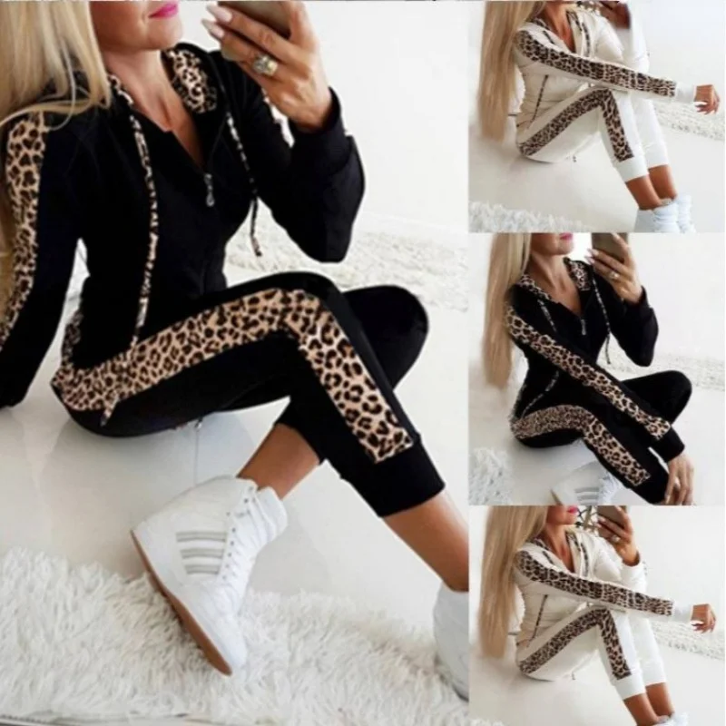

new popular women's leopard long sleeve pocket Plush printed zipper Hoodie pants autumn winter suit