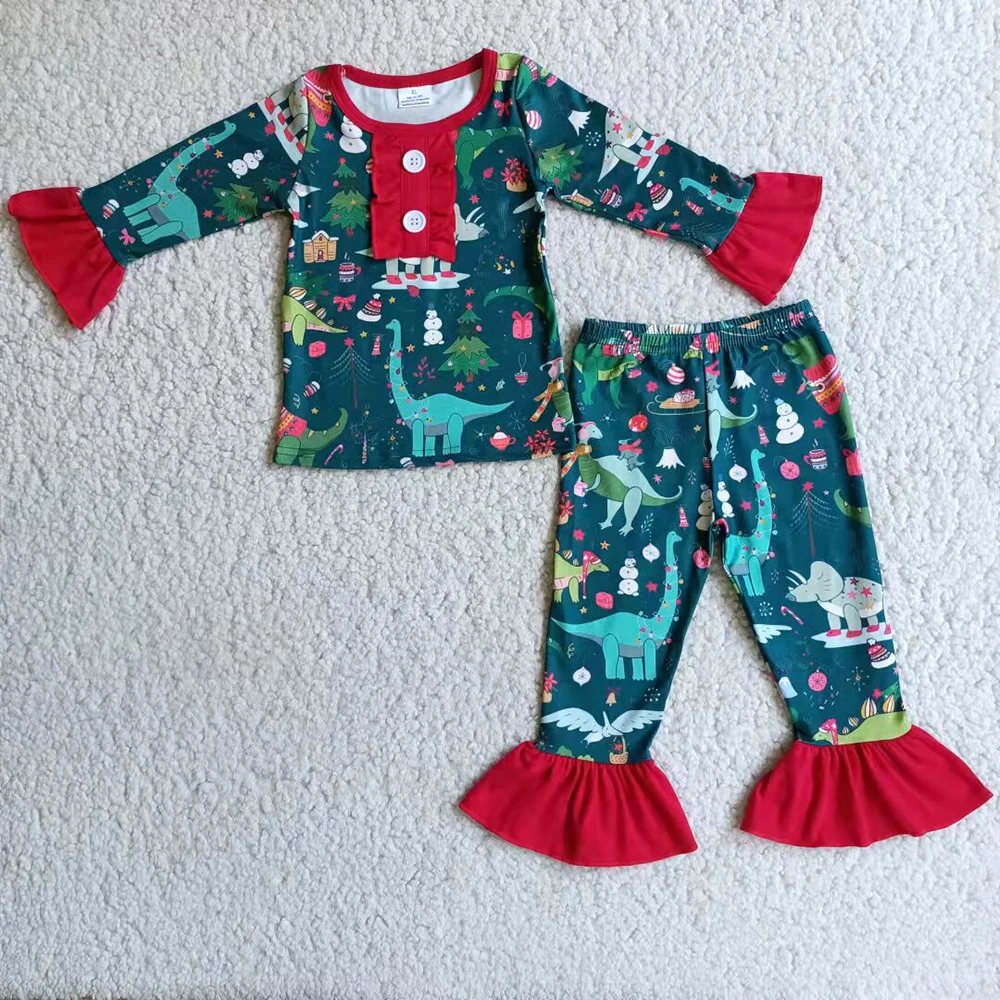 

Girl Christmas Long Sleeve Outfit Cute Dinosaur Cartoon Pajamas Suit With Red Ruffle Side Kids Autumn Winter Clothes