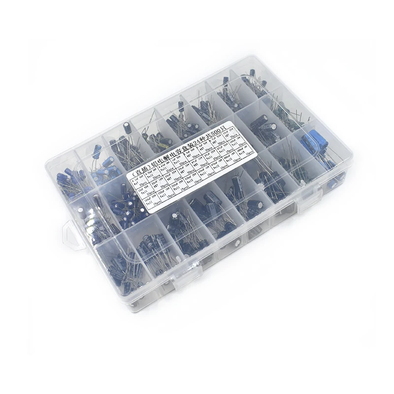 500Pcs/lot 0.1UF-1000UF 24Values Aluminum Electrolytic Capacitors 16-50V mix Electrolytic capacitor Assorted kit and storage box